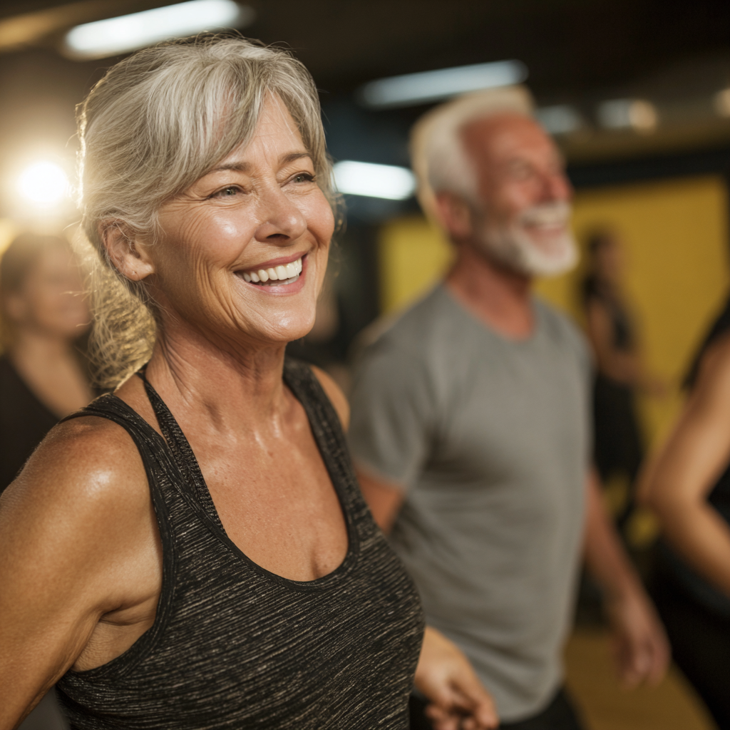 mature adults enjoying group fitness session